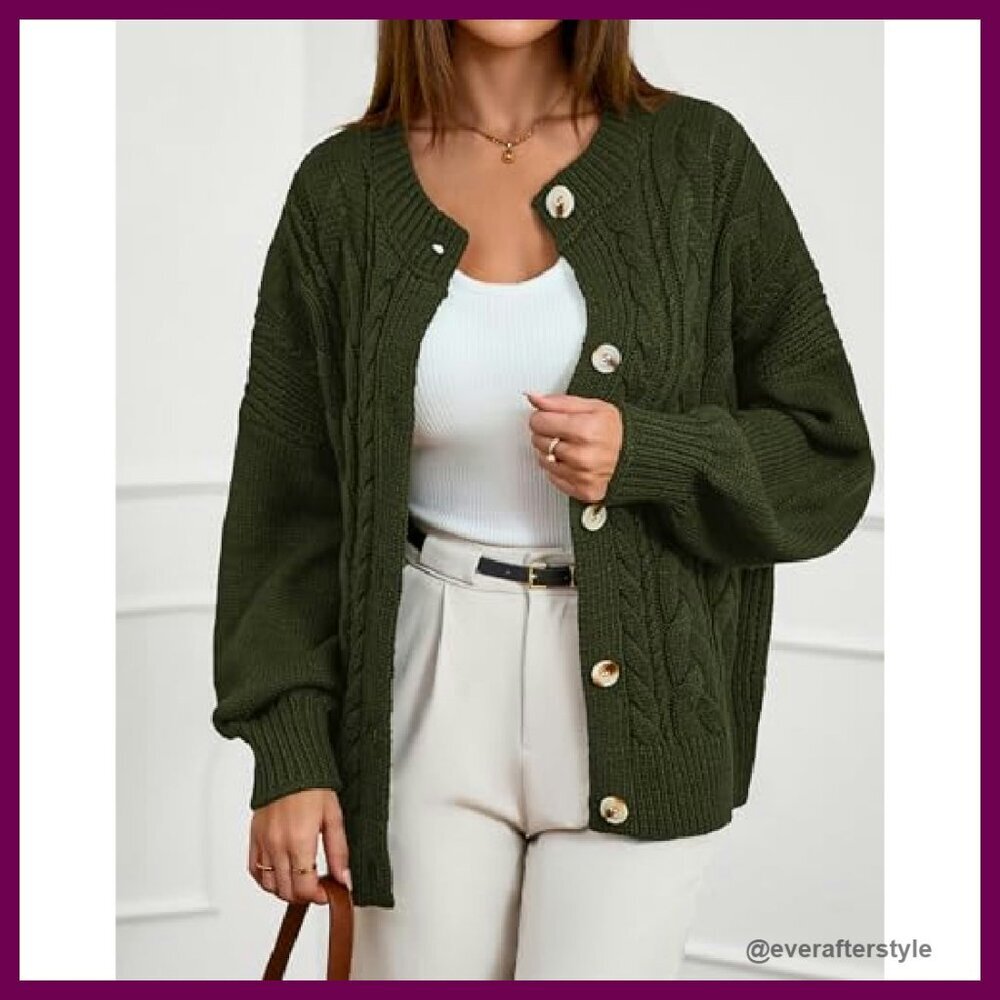 Chunky Cable Knit Cardigan Oversized Loose Fit Button Front Winter Cozy - Picture 7 of 8